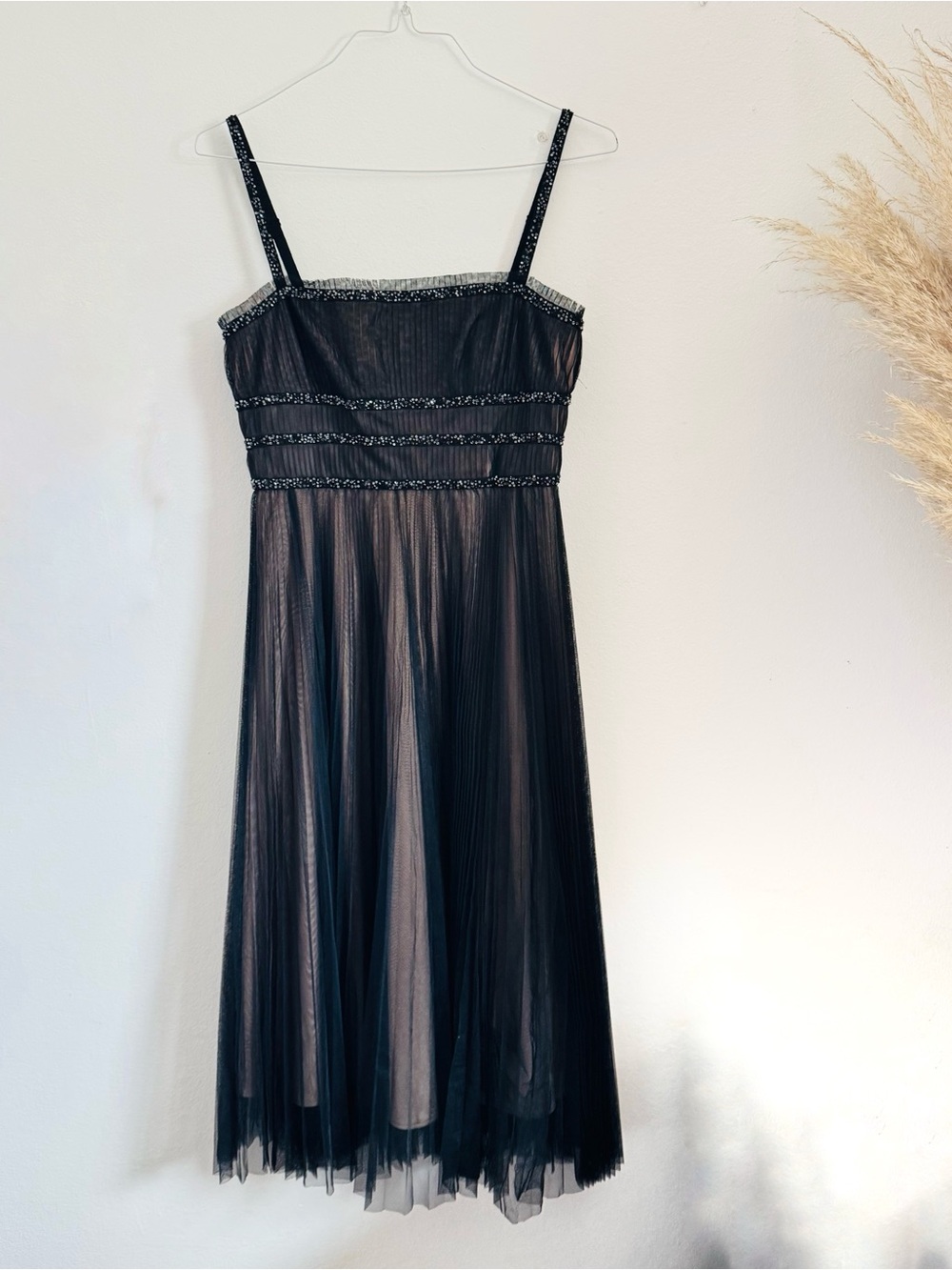 NEW BCBG Max Azria Black Pleated Beaded Tank Top Cocktail Midi Dress M - Picture 2 of 13